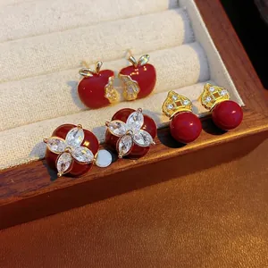 Red flower and apple stud earring set with zircons in gold-plated vintage style