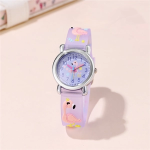 Macro detail of purple kids watch with flamingo pattern and silicone strap