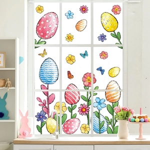 Easter window stickers featuring colorful eggs, bunnies, and flowers in a cozy kitchen