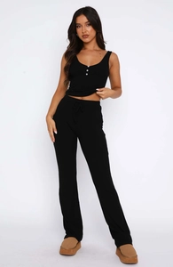 Women's chic black two-piece set featuring a sleeveless buttoned top and drawstring pants