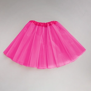 Detailed close-up of pink layered tulle tutu skirt with elastic waistband on grey background