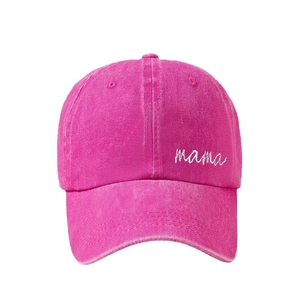 Distressed rose red cotton baseball cap featuring white mama cursive embroidery on front