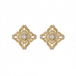 Elegant gold hollow rhombus flower stud earrings with white crystal and sparkling zircons