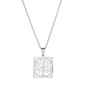 Collier avec pendentif Arbre de Vie géométrique en acier inoxydable argenté pour hommes et femmes