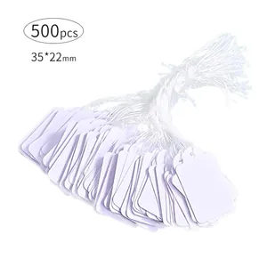 Set of 500 white paper price tags with strings for jewelry and glasses size 35x22mm