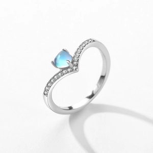 S925 sterling silver V-shape ring with moonstone and cubic zirconia accents