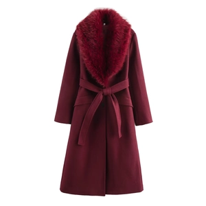 Elegant wine red wool coat with large faux fur collar and matching waist belt
