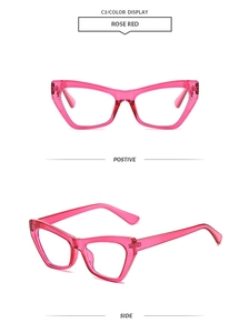 Front and side views of transparent rose red cat-eye glasses frames for women