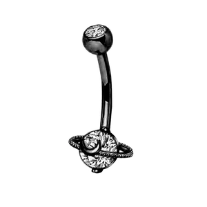 Detailed view of black navel ring with crystal celestial planet and crescent moon