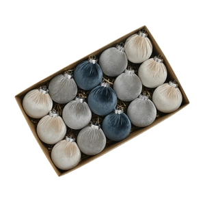 15-piece velvet Christmas ball ornaments in beige, grey, and navy blue for tree decor