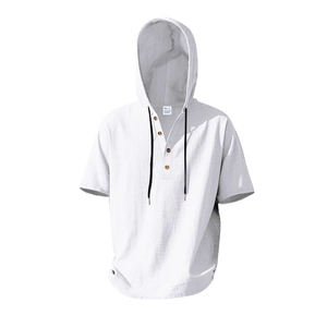Close-up of white cotton linen hoodie shirt with buttoned Henley neck and drawstring detail