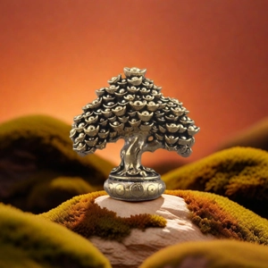 Vintage solid brass Money Tree statue featuring gold ingots on mossy rocks