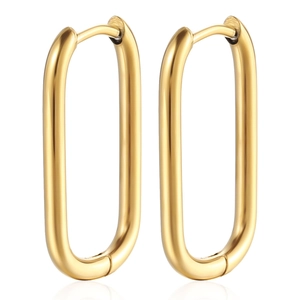 Polished 18K gold plated oval U-shaped stainless steel hoop earrings on white background
