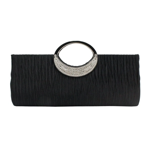 Evening Clutch Bag Pleated Satin Rhinestone Metallic Ring Handle Wedding Party Handbag For Women With Detachable Chain