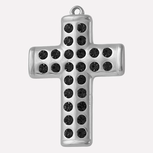 Close-up of 304 stainless steel cross pendant with black rhinestones on white background