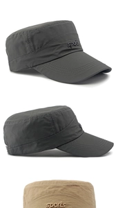 Detail of lightweight quick-dry cadet caps in grey and khaki with sports embroidery