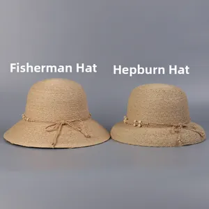 Comparison between raffia bucket hat and Hepburn style cloche hat with wood bead trim