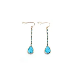 Elegant long teardrop earrings with blue crystal tassel and gold-plated zircon charms