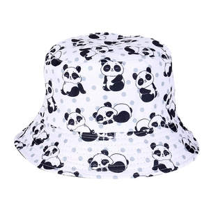 Detail of white bucket hat featuring cute panda prints and grey polka dot patterns