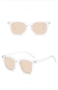 Front and side view of trendy square sunglasses with clear frames and brown lenses