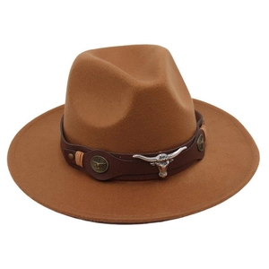 Close-up of leather band with metal bull head ornament on a brown wool felt fedora hat