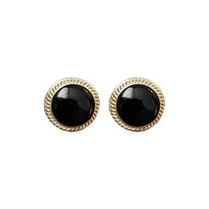 Vintage round cat eye stud earrings with black stones and gold twisted rope frames
