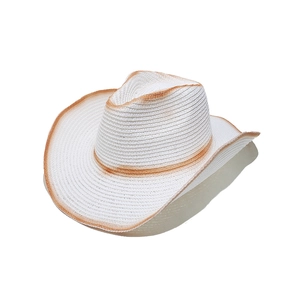 Close-up of white woven straw cowboy hat featuring brown gradient edges and crown detail