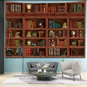 Macro view of vintage 3D bookshelf tapestry showing retro books and antique ornaments