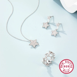 Detailed set of S925 sterling silver star jewelry with shimmering zircon accents