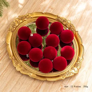 Lot de 12 boules de Noël floquées bordeaux, ornements en velours de 6cm sur plateau