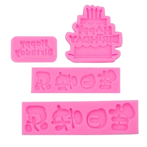 Pink silicone Happy Birthday cake fondant mold set for baking decorations on white background