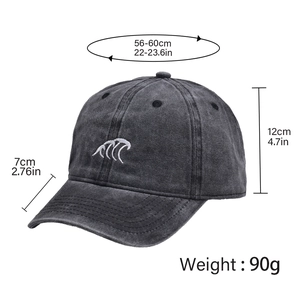 Detailed size specs for washed dark grey cotton baseball cap with wave embroidery logo