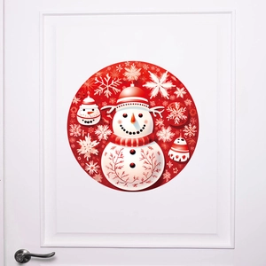 Festive Christmas door sticker with snowman and snowflake patterns on white wood door