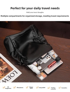 Large capacity black PU leather backpack showing organized interior storage space