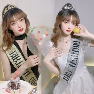 Glitter birthday girl sash in gold and silver colors worn by models in a party setting