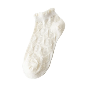 White Japanese style mesh knit ankle socks with cute frill trim and diamond patterns