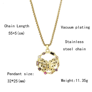 Technical specs showing 18K gold plated stainless steel butterfly pendant dimensions and weight