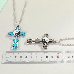 Punk stainless steel cross necklaces with yin yang symbols and zircon stones, 5.5cm size