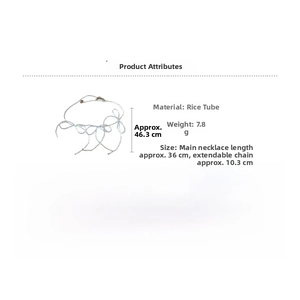 Detailed size specifications for a light blue bow necklace with rice beads and chain