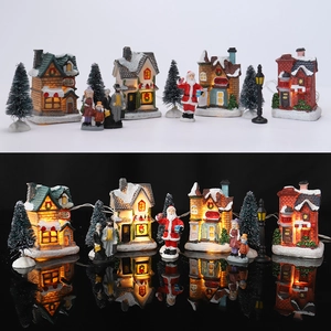 Set de aldea navideña LED con casas de resina, figuritas de Papá Noel y árboles