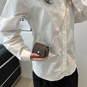 Fashionable brown monogram crossbody bag with gold chain strap for women