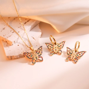 Hollow Butterfly Pendant Necklace And Earrings Copper 18K Gold Plated Colorful Zircon Minimalist Fashion Jewelry