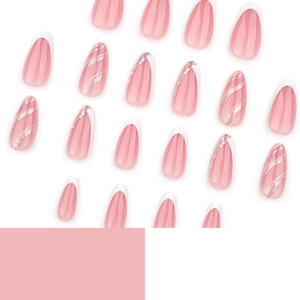 Classic French white tip almond press-on nails with pink glitter and wave pattern