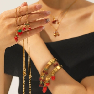 Fruit Pendant Necklace And Bracelet Stainless Steel 18K Gold Plated Enamel Strawberry Cherry Jewelry For Women Cute