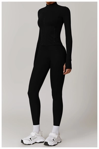 Detail of high-stretch quick-dry yoga set featuring zipper jacket and slim fit sports pants