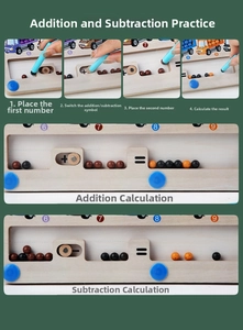 Detailed view of magnetic wooden math puzzle showing addition and subtraction with beads