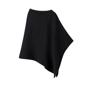 Solid black knitted pullover poncho with an irregular asymmetric hem for women