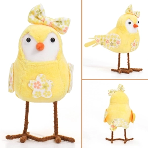 Detailed multi-angle view of a plush yellow Easter chick doll with clover bow and flowers