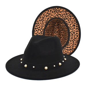 Fedora Hat Wool Felt Leopard Print Lining Wide Brim Artificial Pearl Rivet Band Vintage Jazz Style Fashion Headwear For Women