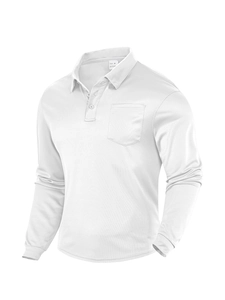 Close-up detail of white mesh polo shirt with chest pocket and breathable fabric texture